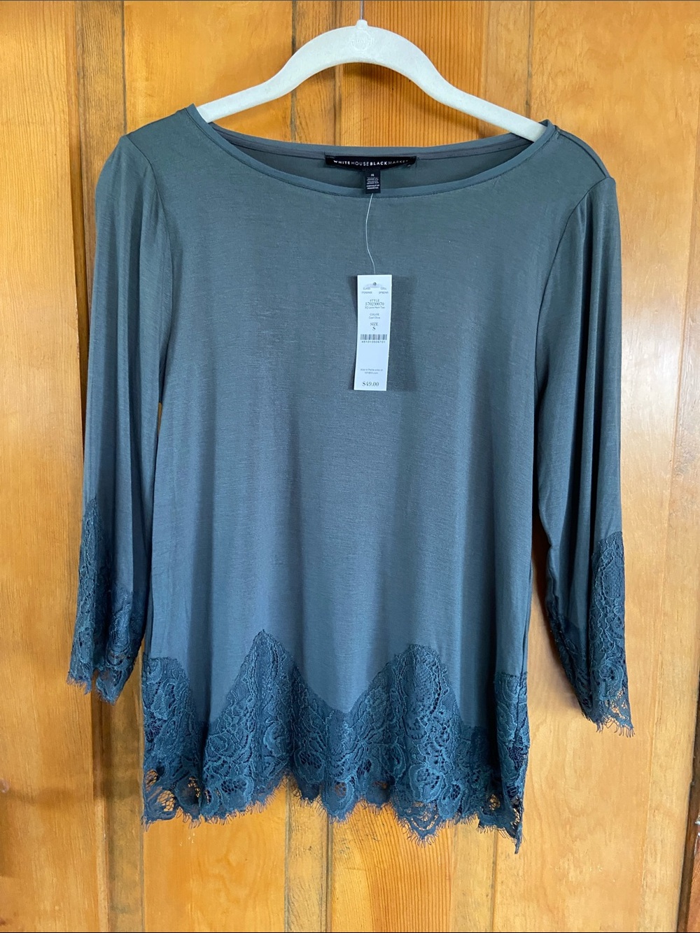 White House Black Market Olive Green Lace-Hem Long Sleeve Top